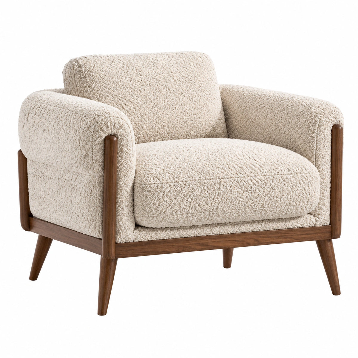 Fauteuil 85 x 80 x 78 cm en tissu bouclette crème et bois marron - style contemporain
