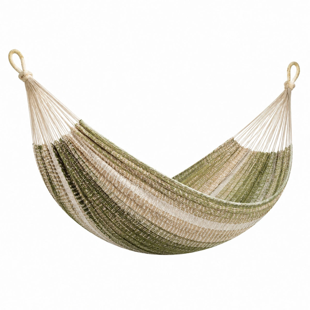 Hamac 200 x 100 cm en fibres textiles vert beige suspendu