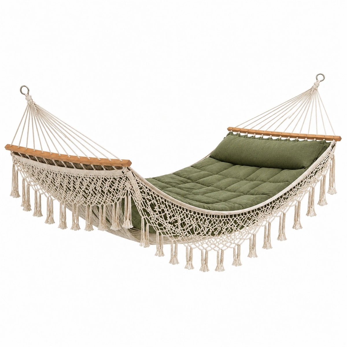 Hamac 200 x 120 cm en coton écru avec matelas vert style bohème