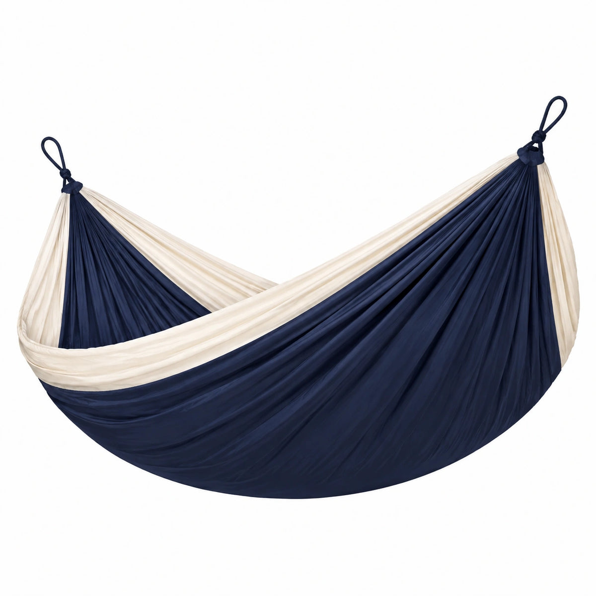 Hamac 270 cm x 150 cm en tissu bleu marine et écru pour détente suspendue