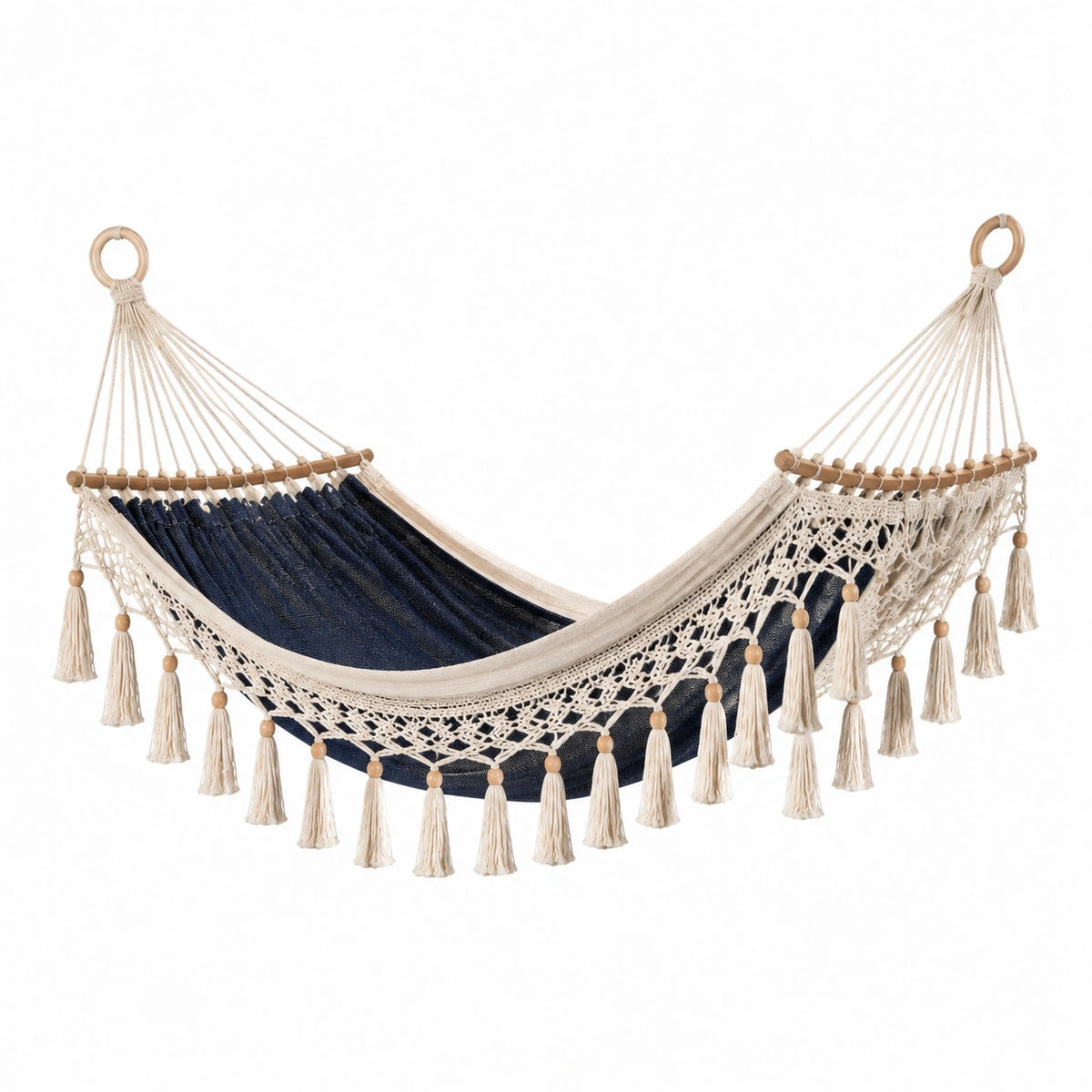 Hamac 200 x 100 cm en coton bleu marine écru avec franges style bohème