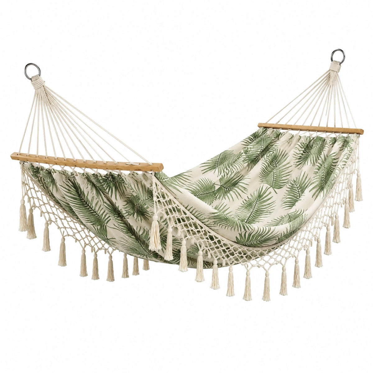 Hamac 200 x 120 cm en tissu écru vert à barres en bois - style bohème suspendu