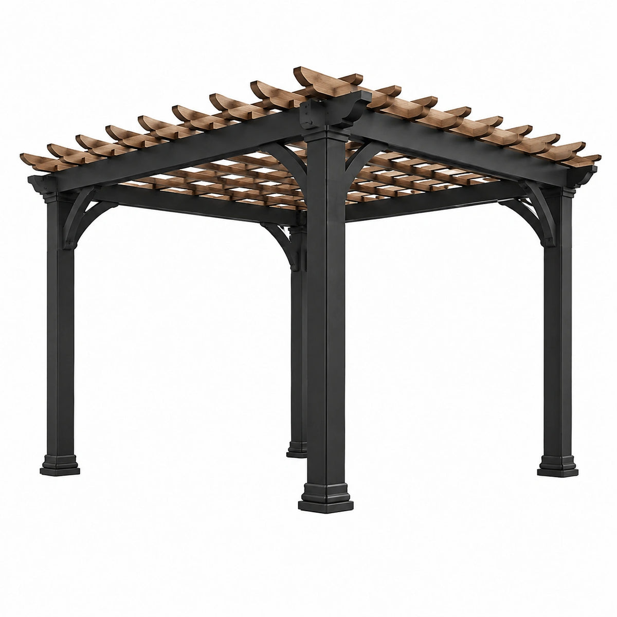 Pergola de jardin 300 x 300 x 240 cm en acier et bois noir/marron avec toit ajouré