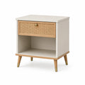 Table de chevet 45 x 40 x 60 cm blanche en panneaux de bois et cannage - tiroir et niche style rétro