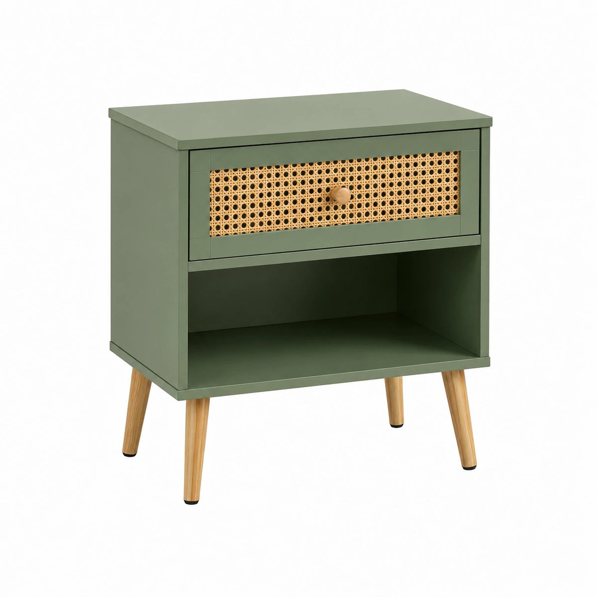 Table de chevet 50 x 40 x 65 cm en bois vert et rotin avec tiroir style bohème