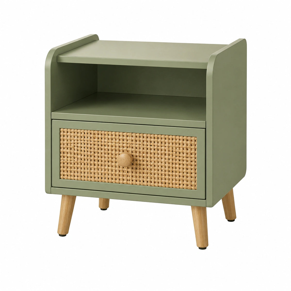 Table de chevet 45 x 38 x 60 cm vert sauge en bois avec tiroir en rotin style scandinave