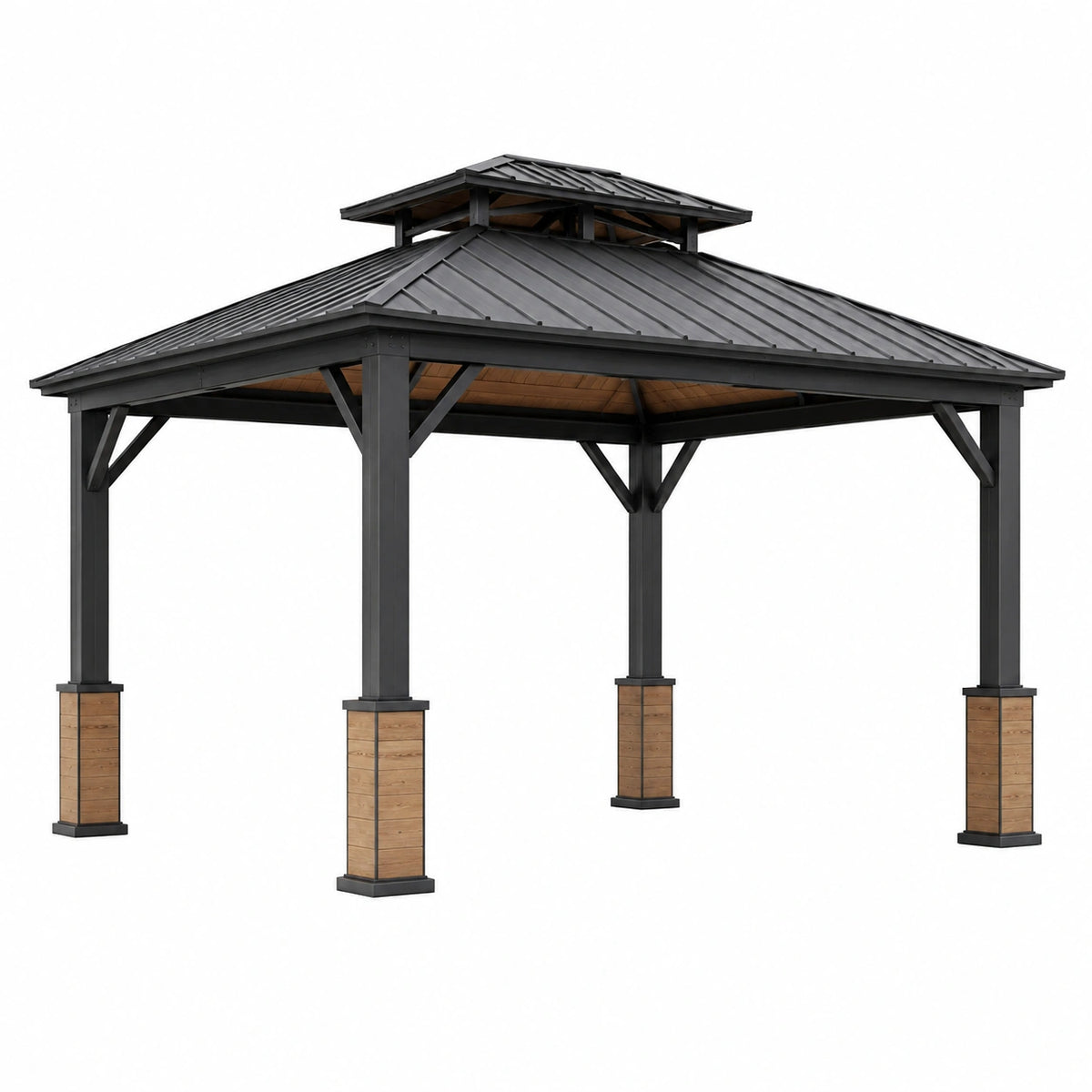 Pavillon de jardin 400 x 300 cm en acier noir et bois avec toit ventilé