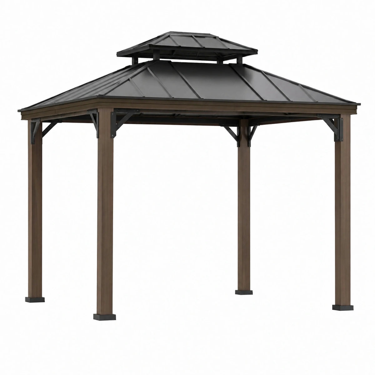 Pavillon de jardin 300 x 300 cm en métal brun avec toit double noir