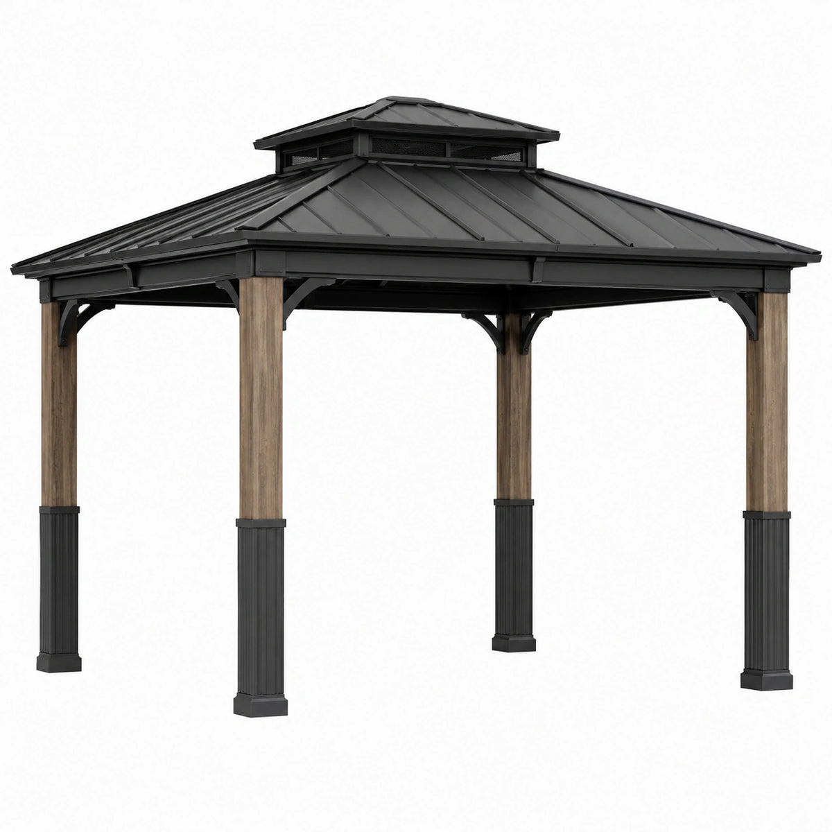 Tonnelle de jardin 300 x 300 cm en métal noir effet bois avec toit ventilé
