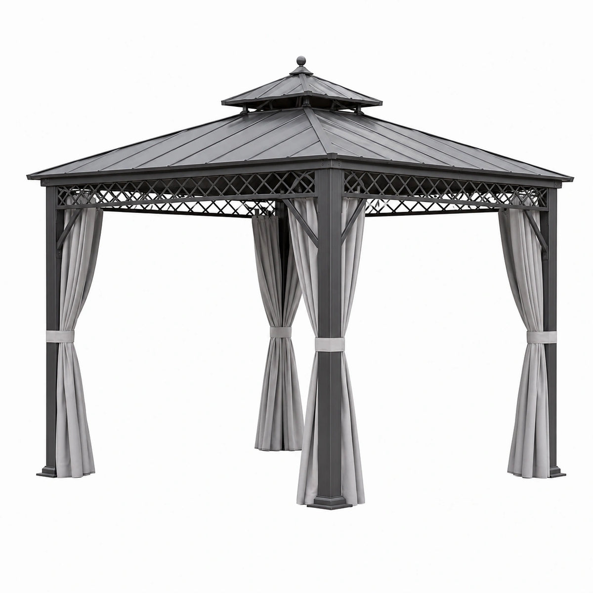 Tonnelle de jardin 300 x 300 x 300 cm en métal gris anthracite avec rideaux et toit rigide
