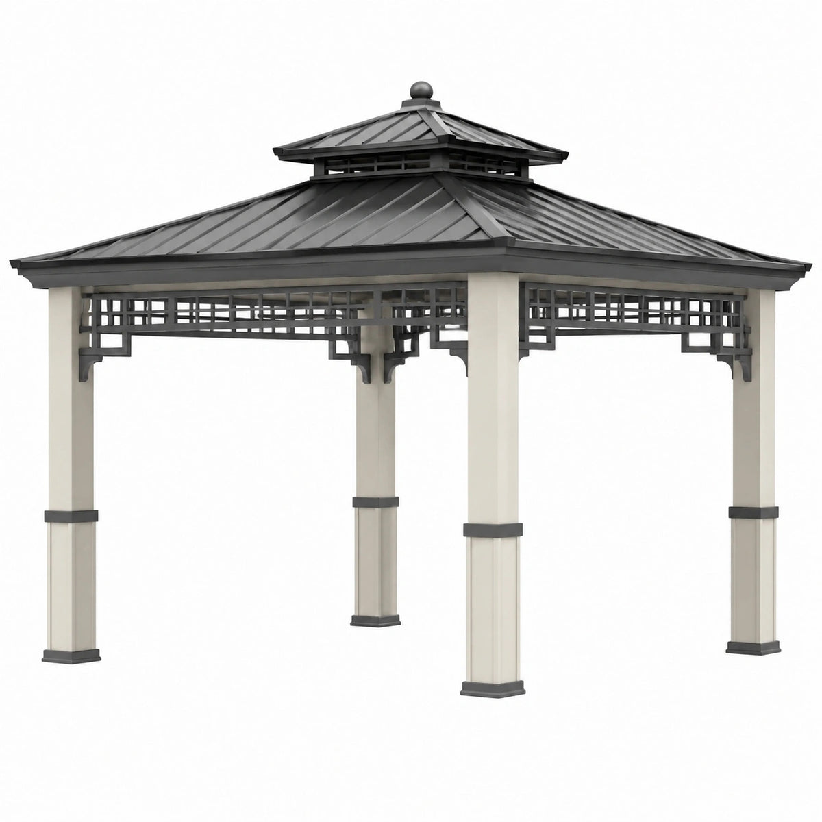Pavillon de jardin 300 x 300 x 300 cm en métal noir et beige avec toit ventilé
