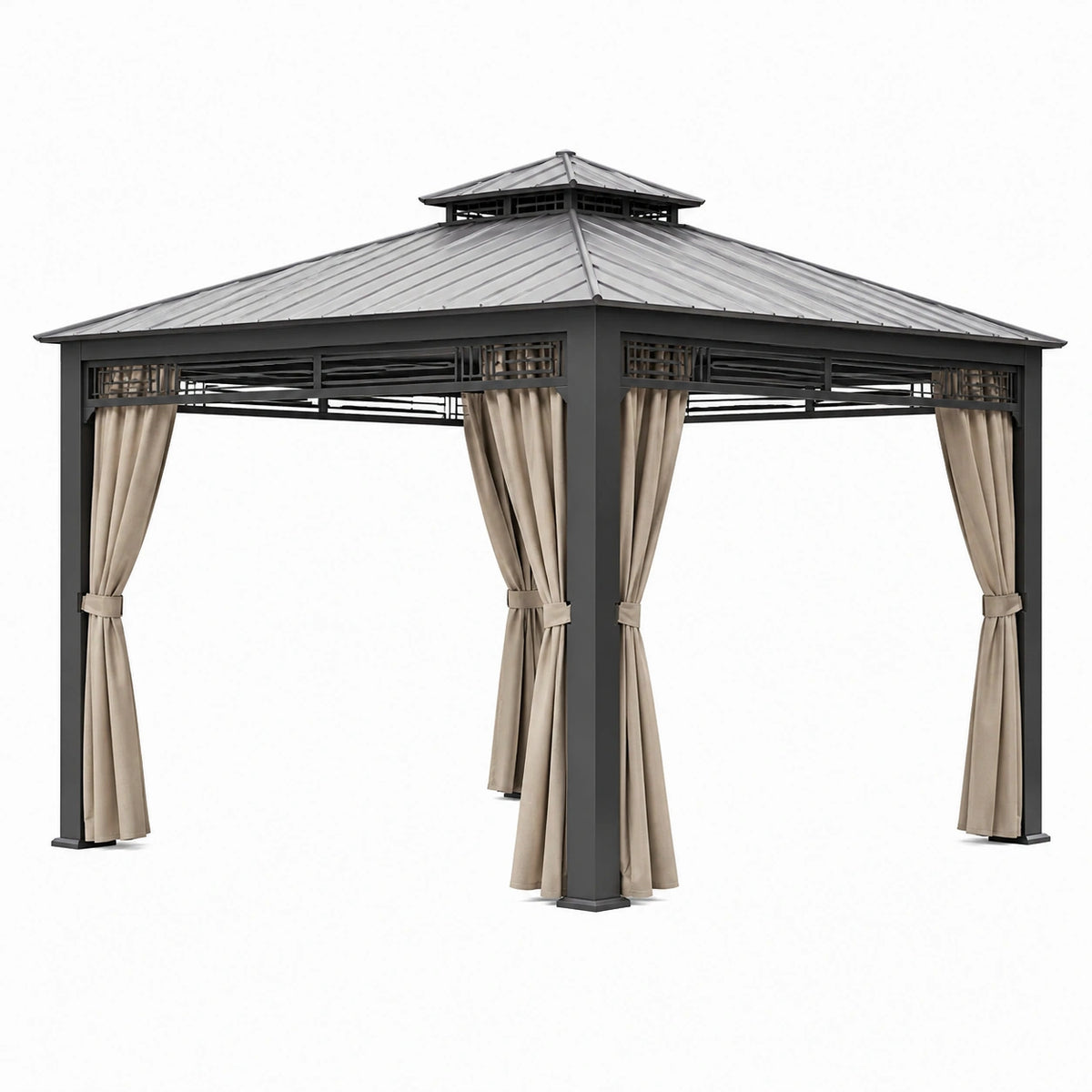 Tonnelle de jardin 300 x 300 x 290 cm métal anthracite avec rideaux style pavillon